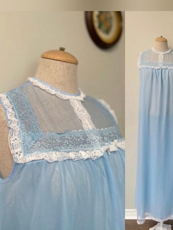 Vintage Other - 🩵VTG 60s Periwinkle Blue Sheer Long Nightgown Sleepwear Bombshell Pinup Style